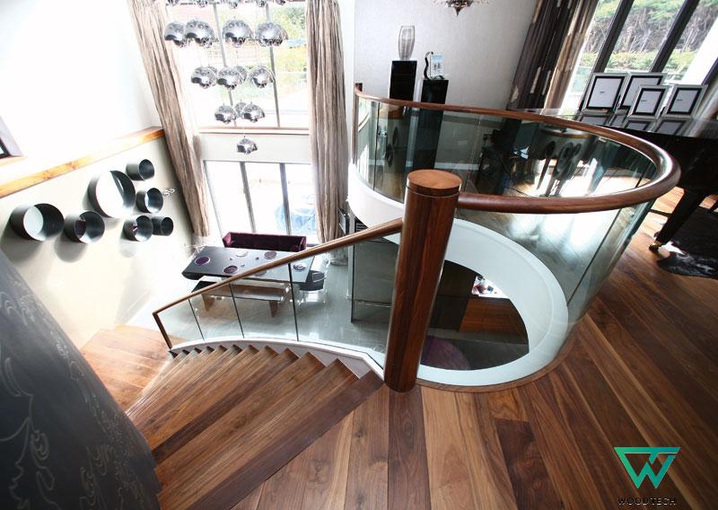 Cầu thang gỗ óc chó lan can kính WT - 0005